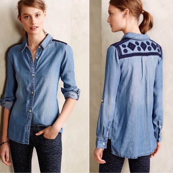 Anthropologie Tops - ANTHROPOLOGIE Dakota Embroidered Chambray Top J37